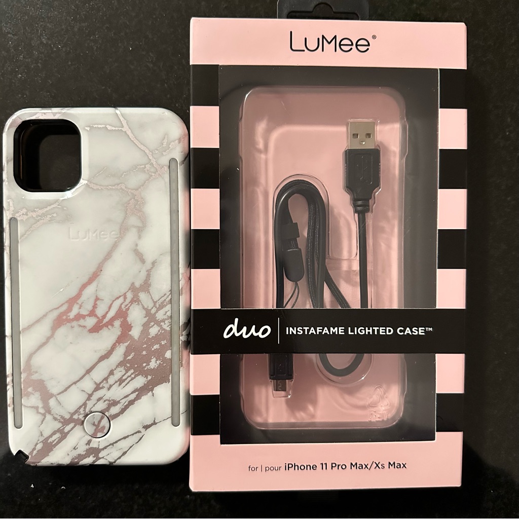 Lumee Duo Iphone 11 Pro Max White Rose Gold Marble Lighted Selfie Phone Case